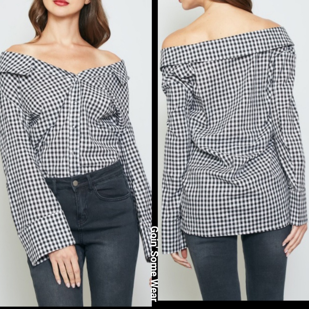 Off The Shoulder Gingham  Women's Button Down Long Sleeve Top - Picture 4 of 8
